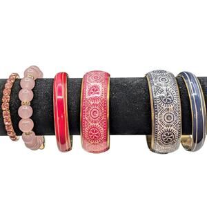 Lot of Six Pink Blue Gold Tone Batik Design & Coordinating Bracelets